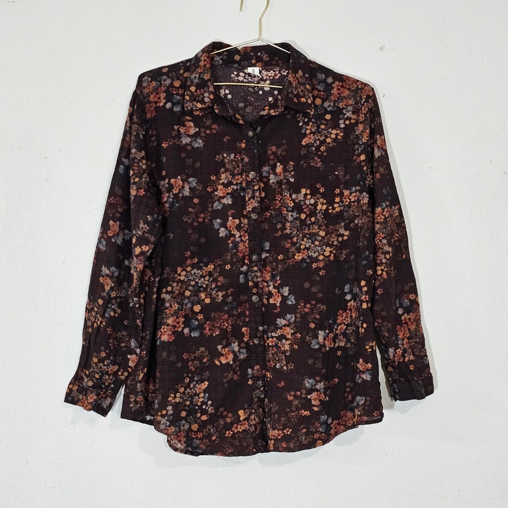 Ziyuan Womens Floral Button Down Shirt Brown Long Sleeve Textured Blouse M